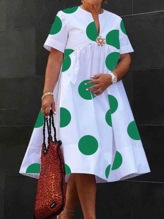 OShopLive Dresses & Skirts - OShopLive White Dress with Green Polka Dots and Gold Floral Detail